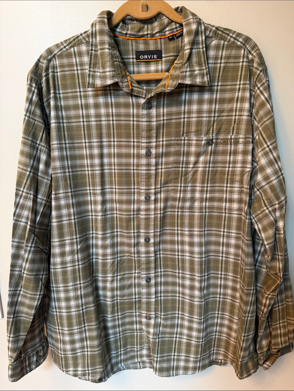 Orvis Olive and White Plaid Long-Sleeve Button-Down Shirt